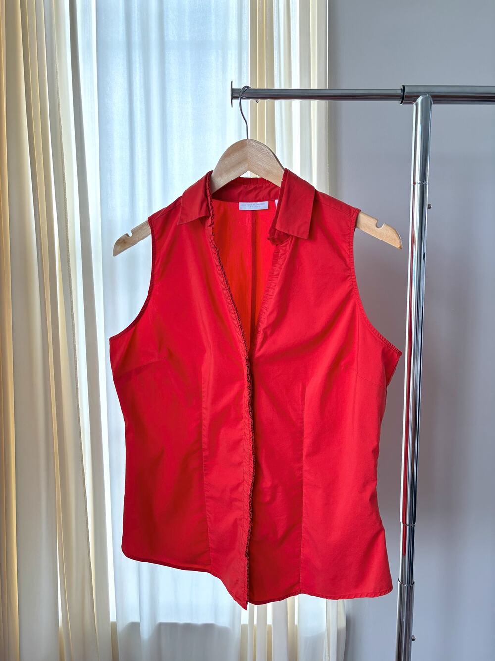 Vintage New York Company Top Med Orange Rust Sleeveless Ruffle Y2K Office Siren